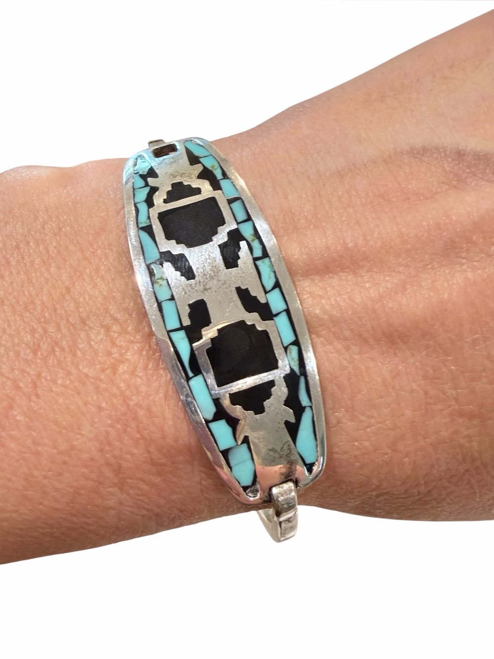 Vintage Taxco Mexico Sterling Silver Mosaic Inlay Hinged Bangle Bracelet Eagle 3